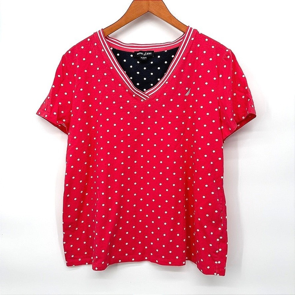 Nautica Jeans T-Shirt Polka Dot V-Neck Nautical Preppy Coastal Casual Pink XL